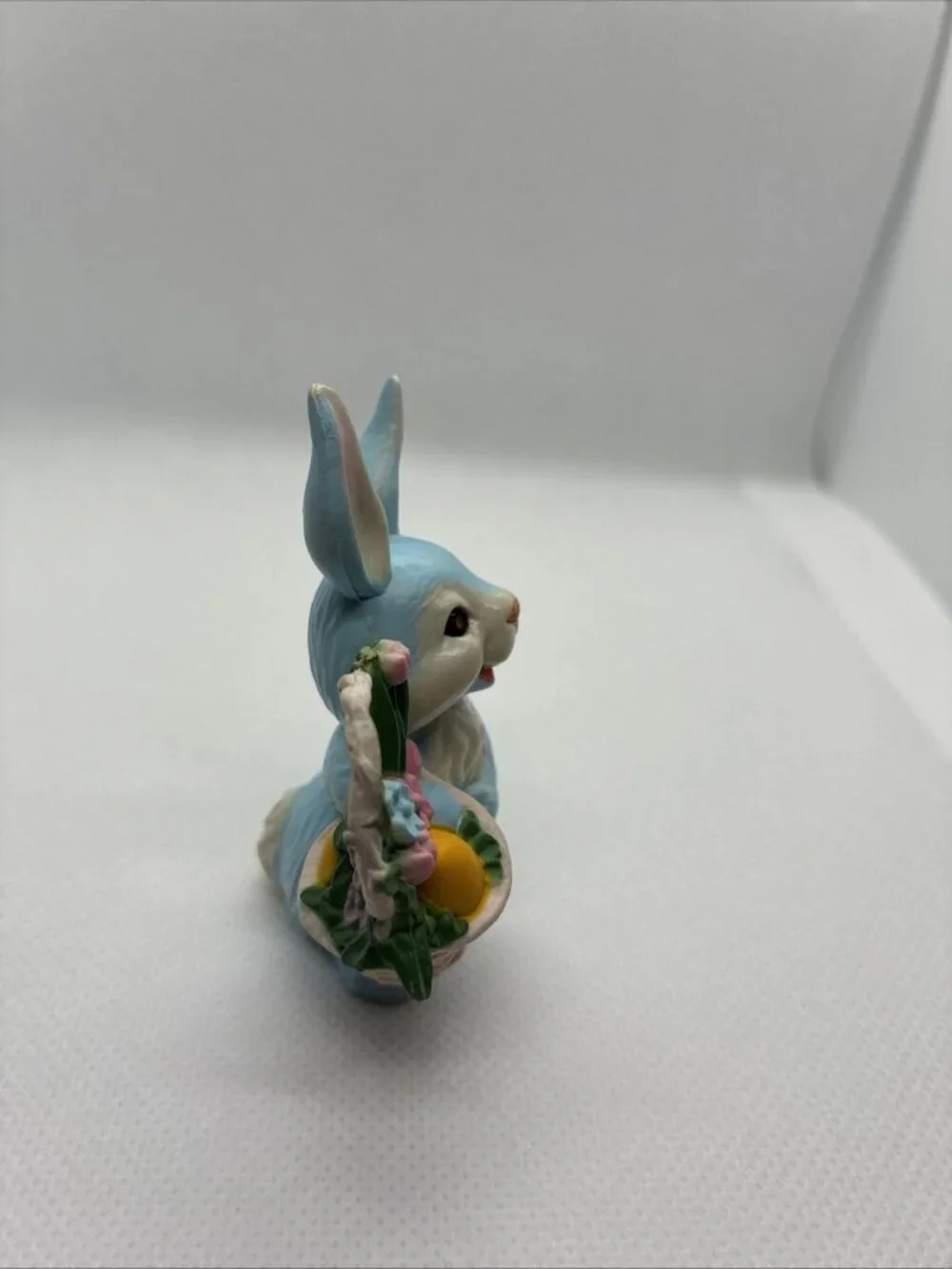 Vintage Blue Easter Bunny Figurine Basket Eggs Flowers Spring Rabbit Decor